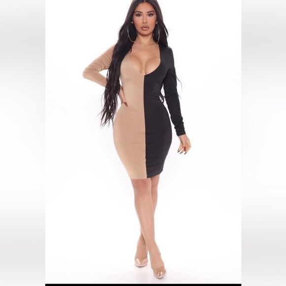 Fashion Nova Two Timing Colorblock MIDI Dress Taupe/Combo Size Large - Picture 1 of 10